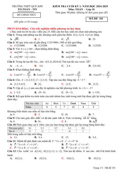 Đề thi Học kì 1 Toán 10 năm 2024-2025 trường THPT Quế Sơn (Quảng Nam)